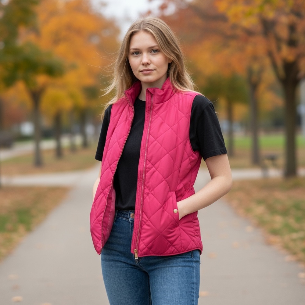 Charter Club Quilted Vest, Women’s, Zipper, Snap Pockets, Berry Cool Pink, SMALL